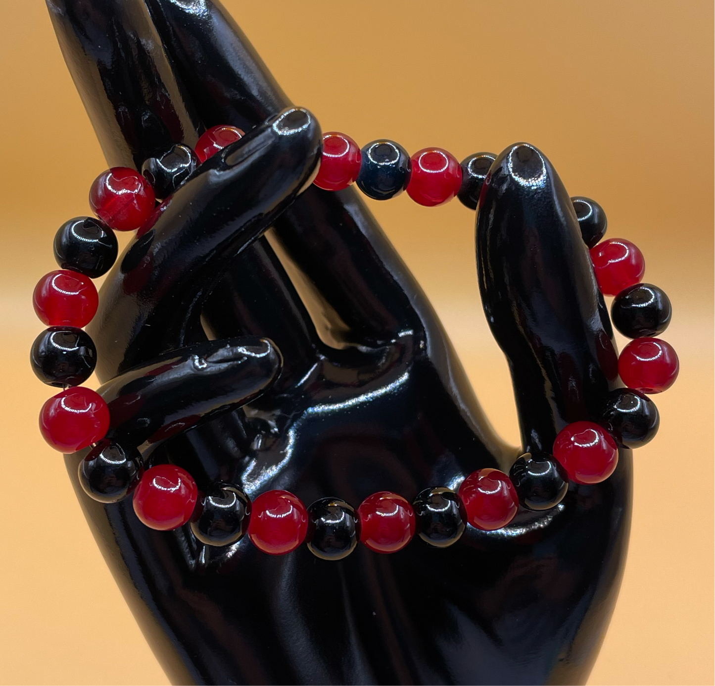 Red & black 8mm glass bead stretch bracelet 7” long